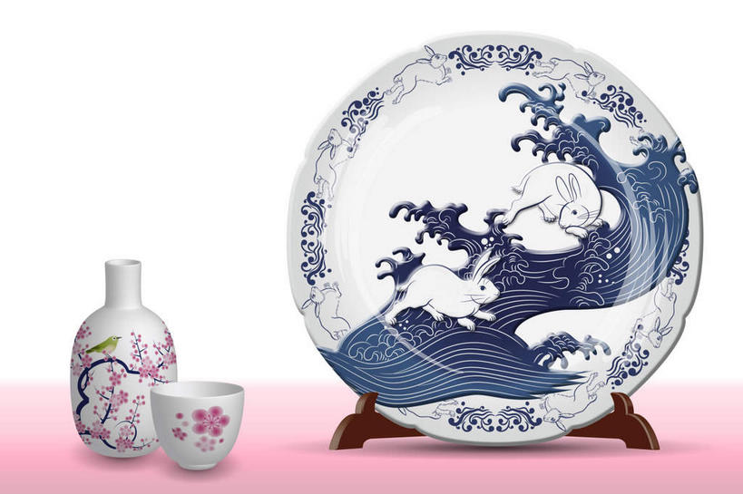 无人,横图,插画,室内,白天,白色背景,正面,数码,科技,餐桌,桌面,桌子,餐具,阴影,网络,碟子,盘,陶瓷,陶瓷制品,高光,几何,计算机图形,合成,图画,画,酒瓶,盘子,瓶子,碟,餐台,电脑合成图,数码合成图,漫画,写实,具体,具象,彩图,清酒瓶