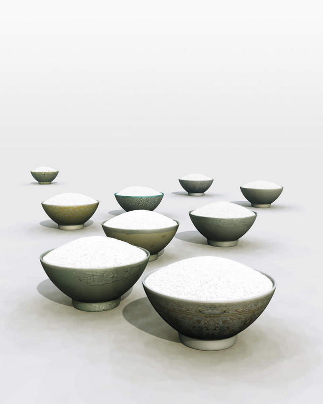米饭,无人,竖图,室内,白天,正面,数码,科技,餐桌,桌面,桌子,餐具,一排,许多,阴影,整齐,网络,饭,高光,几何,计算机图形,合成,排列,碗,餐台,电脑合成图,数码合成图,五谷,队列,写实,具体,具象,进餐用具,烹调用具,彩图