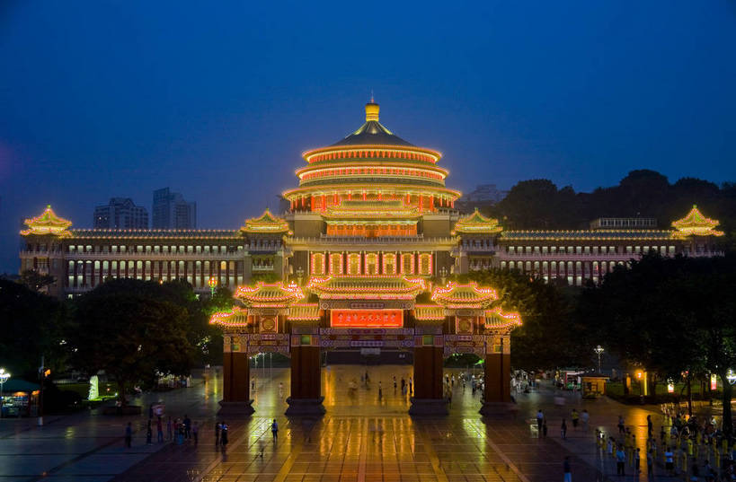 横图,彩色,室外,城市风光,夜景,重庆,中国,亚洲,景观,建筑群,礼堂,灯光,现代建筑,灿烂,摄影,四川省,东亚,中华人民共和国,人民大礼堂,bj174