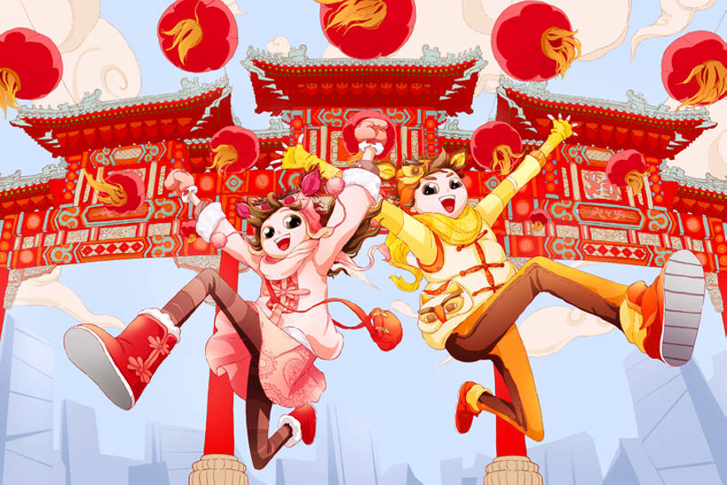 东方人,成年人,两个人,跑,跳,举,笑,微笑,露齿笑,横图,插画,正面,奢侈,快乐,兴奋,友谊,幸福,运气,数码,科技,城市,建筑,街道,照明,春节,吊挂,悬挂,阴影,节日,欢呼,庆祝,网络,灯笼,纸灯笼,大门,文化遗产,拱门,牌楼,唐人街,半空,高光,几何,计算机图形,豪华,挂,合成,图画,历史,文化,传统,刺激,画,红色,围巾,灯具,托,庆典,卡通,活力,纪念,华丽,照亮,电脑合成图,数码合成图,享乐,合成图,照明设备,都市风光,国庆,中国文化,古典风格,漫画,国庆节,写实,具体,具象,富丽,华美,男人,男性,年轻男性,年轻女性,女人,女性,亚洲人,中国人,年轻人,举起,举手,举着,向上举,向上伸,向上托,彩图,全身,传统服装,欢乐,唐装,传统文化,冬衣,华侈,奢华,挨着,广角,bj175